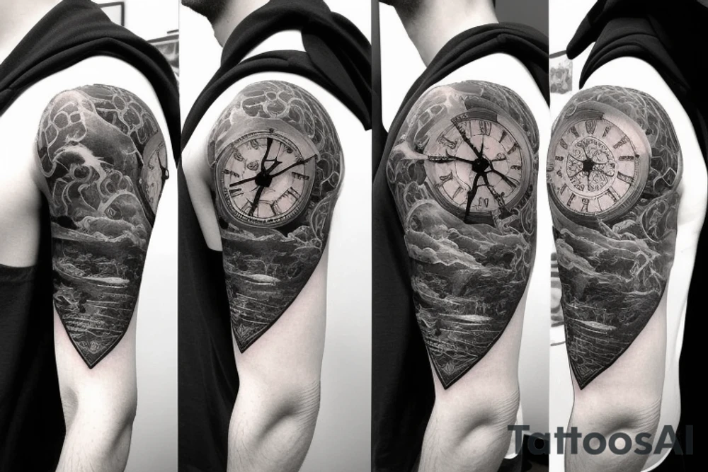 Sleeve with lion clock compass map waves colosseum tattoo idea Sleeve with lion clock compass map waves colosseum tattoo idea