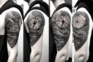 Sleeve with lion clock compass map waves colosseum tattoo idea