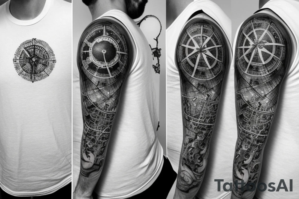 Sleeve with lion clock compass map waves colosseum tattoo idea Sleeve with lion clock compass map waves colosseum tattoo idea