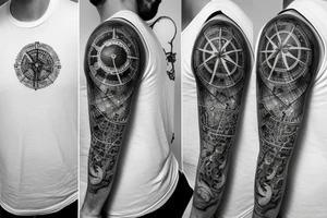 Sleeve with lion clock compass map waves colosseum tattoo idea