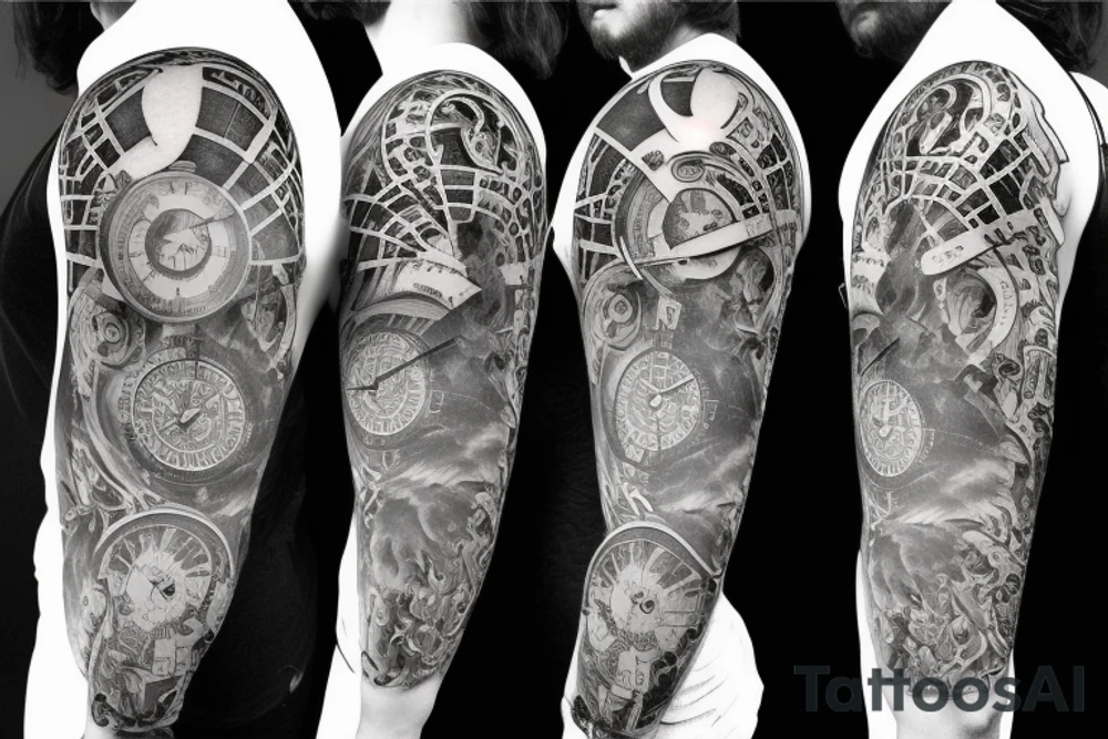 Sleeve with lion clock compass map waves colosseum tattoo idea