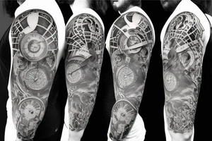 Sleeve with lion clock compass map waves colosseum tattoo idea