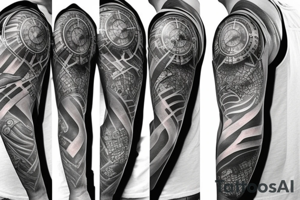 Sleeve with lion clock compass map waves colosseum tattoo idea