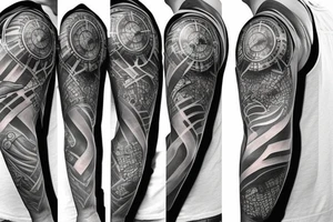 Sleeve with lion clock compass map waves colosseum tattoo idea