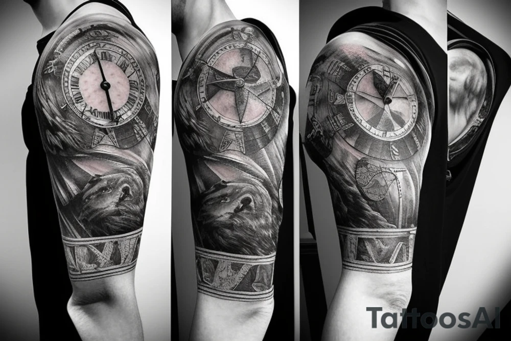 Sleeve with lion clock compass map waves colosseum tattoo idea Sleeve with lion clock compass map waves colosseum tattoo idea