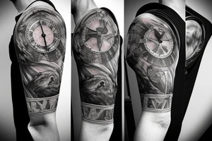 Sleeve with lion clock compass map waves colosseum tattoo idea