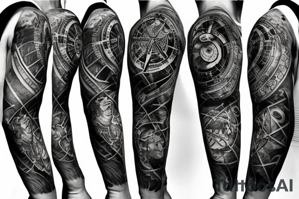 Sleeve with lion clock compass map waves colosseum tattoo idea Sleeve with lion clock compass map waves colosseum tattoo idea