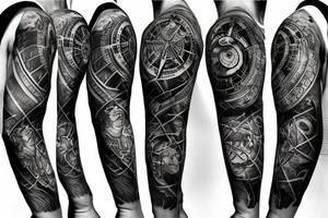 Sleeve with lion clock compass map waves colosseum tattoo idea
