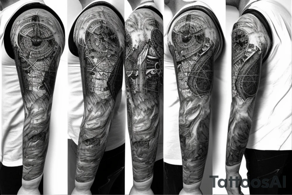 Sleeve with lion broken compass map colosseum tattoo idea Sleeve with lion broken compass map colosseum tattoo idea