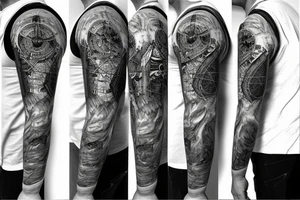 Sleeve with lion broken compass map colosseum tattoo idea