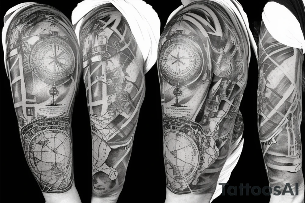Sleeve with lion broken compass map colosseum tattoo idea Sleeve with lion broken compass map colosseum tattoo idea