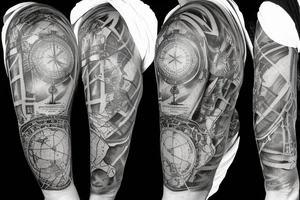 Sleeve with lion broken compass map colosseum tattoo idea