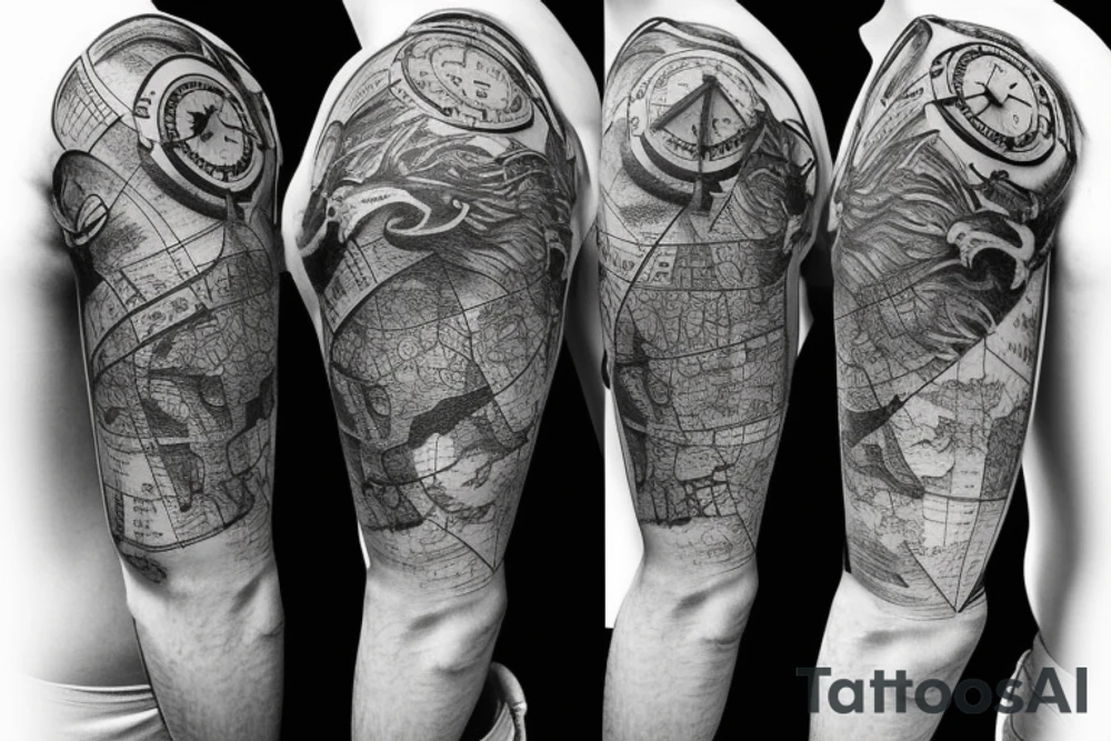 Sleeve with lion broken compass map colosseum tattoo idea Sleeve with lion broken compass map colosseum tattoo idea