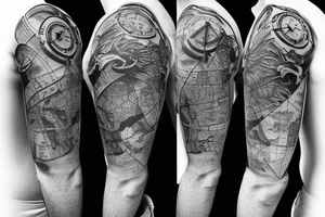Sleeve with lion broken compass map colosseum tattoo idea