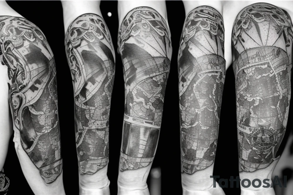Sleeve with lion broken compass map colosseum tattoo idea Sleeve with lion broken compass map colosseum tattoo idea