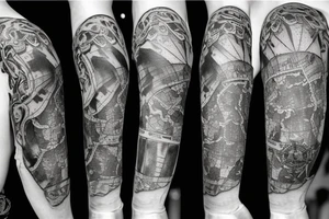 Sleeve with lion broken compass map colosseum tattoo idea