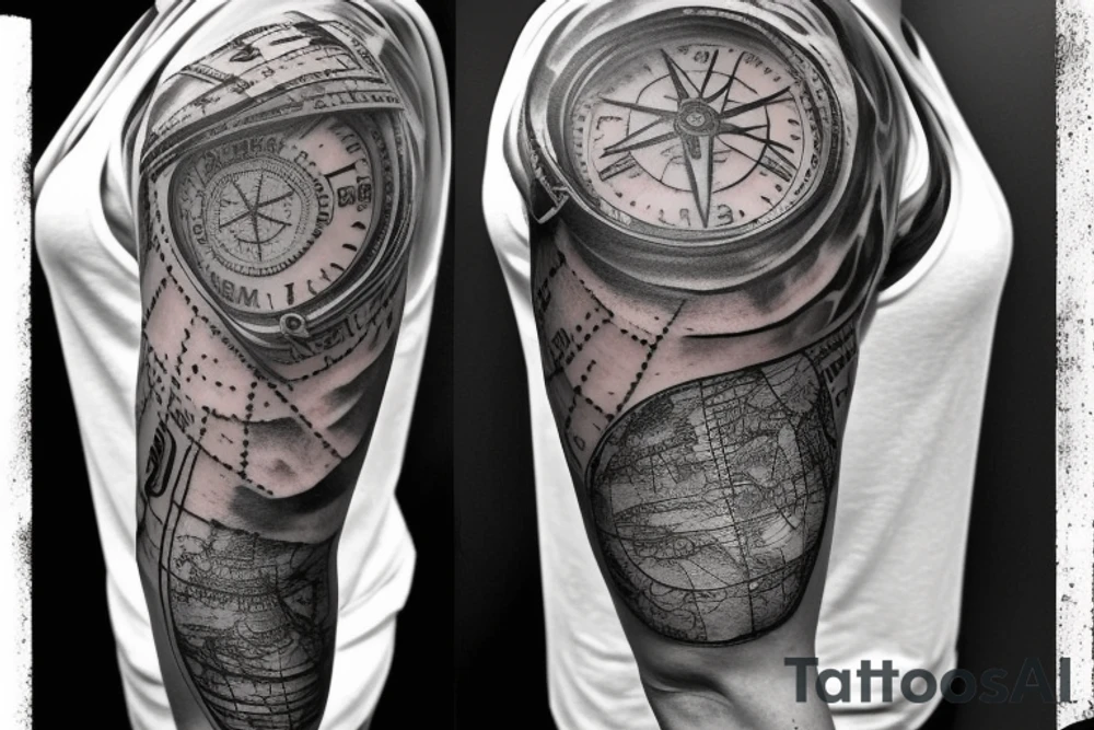 Sleeve with lion broken compass map colosseum tattoo idea