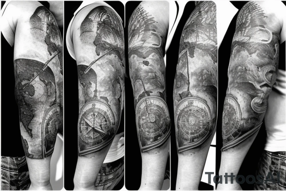 Sleeve with lion broken compass map colosseum tattoo idea Sleeve with lion broken compass map colosseum tattoo idea
