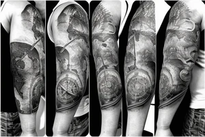 Sleeve with lion broken compass map colosseum tattoo idea