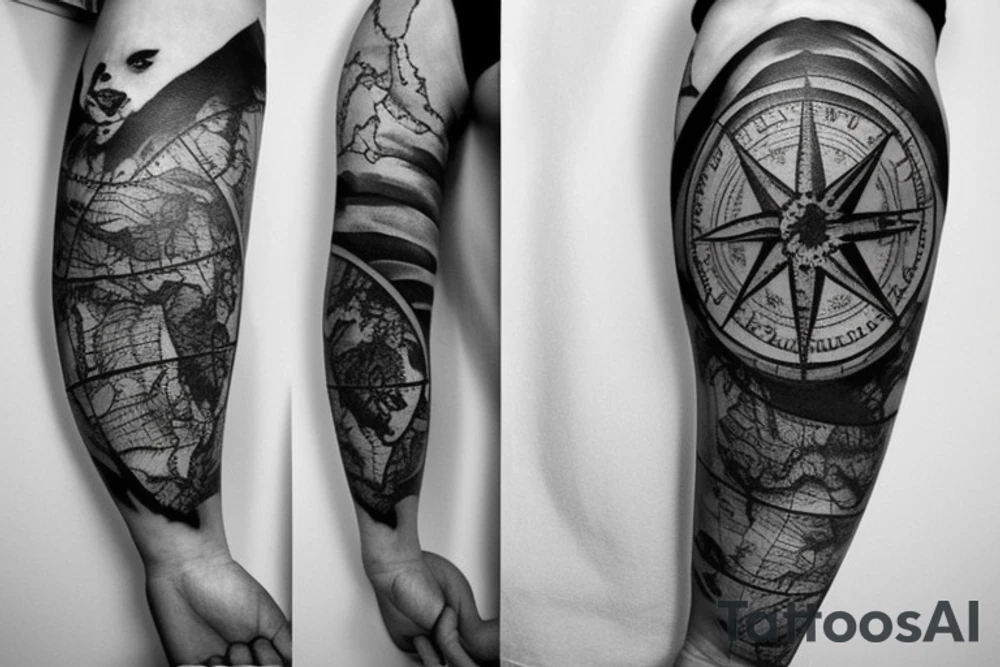 Sleeve with lion broken compass map colosseum tattoo idea Sleeve with lion broken compass map colosseum tattoo idea
