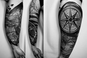 Sleeve with lion broken compass map colosseum tattoo idea