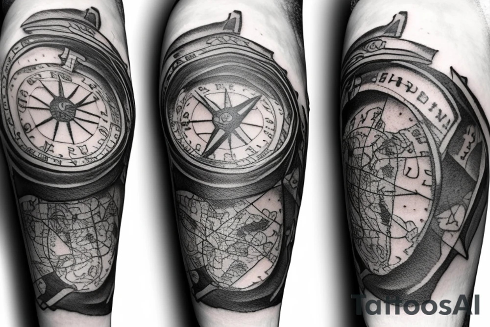 Sleeve with lion broken compass map colosseum tattoo idea Sleeve with lion broken compass map colosseum tattoo idea
