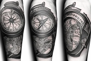 Sleeve with lion broken compass map colosseum tattoo idea