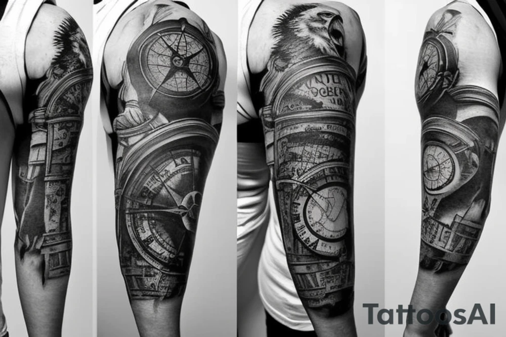 Sleeve with lion broken compass map colosseum tattoo idea
