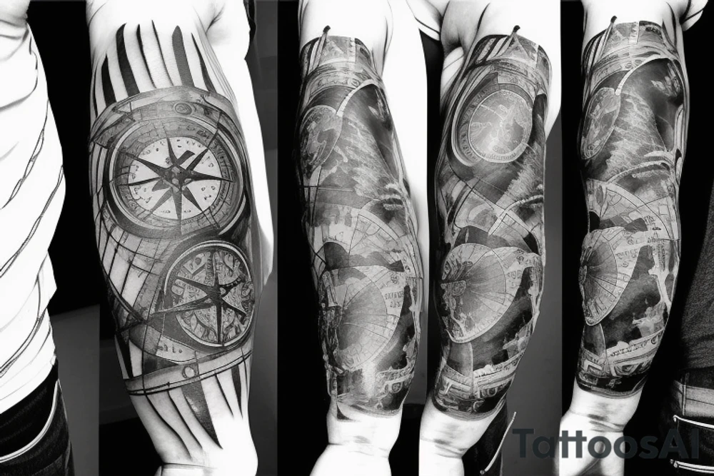 Sleeve with lion broken compass map colosseum tattoo idea Sleeve with lion broken compass map colosseum tattoo idea