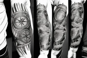Sleeve with lion broken compass map colosseum tattoo idea
