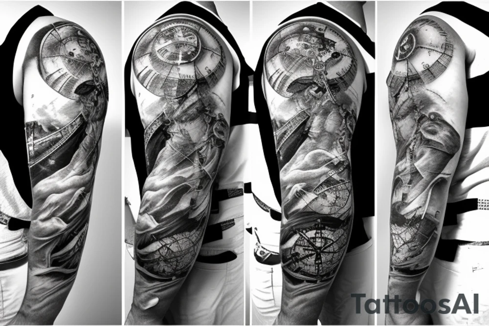 Sleeve with lion broken compass map colosseum tattoo idea Sleeve with lion broken compass map colosseum tattoo idea
