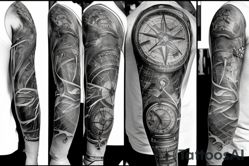 Sleeve with lion broken compass map colosseum tattoo idea Sleeve with lion broken compass map colosseum tattoo idea