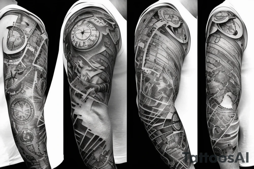 Sleeve with lion broken compass map colosseum tattoo idea Sleeve with lion broken compass map colosseum tattoo idea