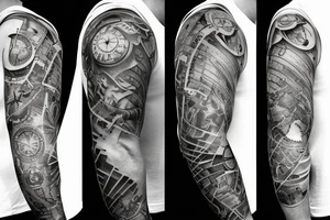 Sleeve with lion broken compass map colosseum tattoo idea