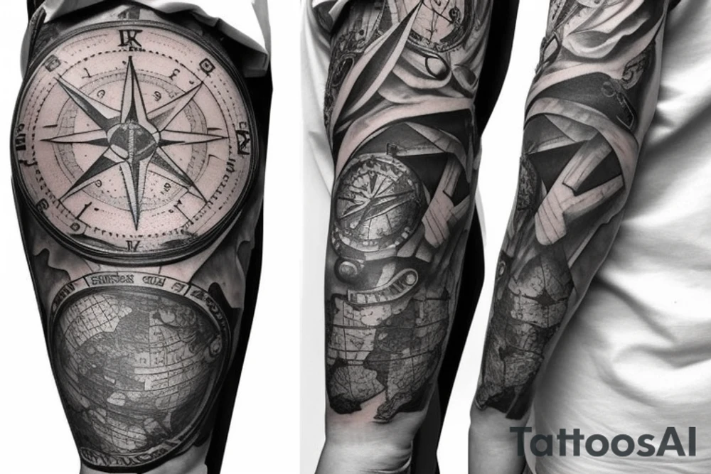 Sleeve with lion broken compass map colosseum tattoo idea Sleeve with lion broken compass map colosseum tattoo idea