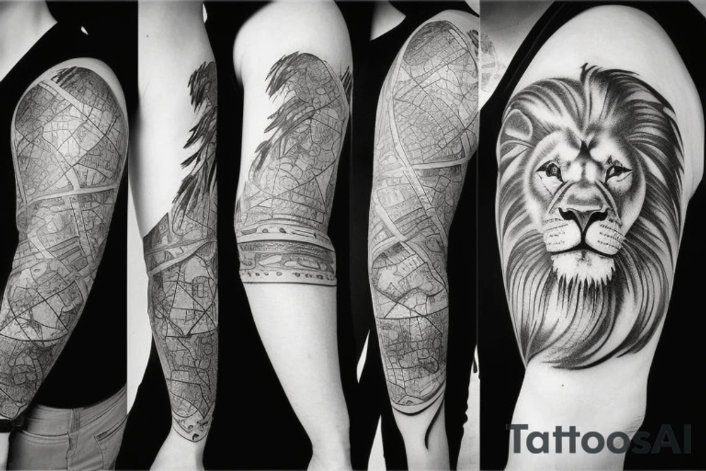 Sleeve with lion broken compass map colosseum tattoo idea Sleeve with lion broken compass map colosseum tattoo idea