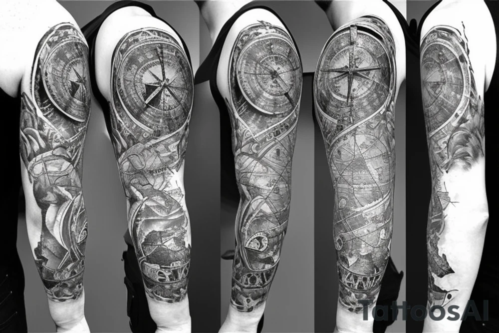 Sleeve with lion broken compass map colosseum tattoo idea Sleeve with lion broken compass map colosseum tattoo idea