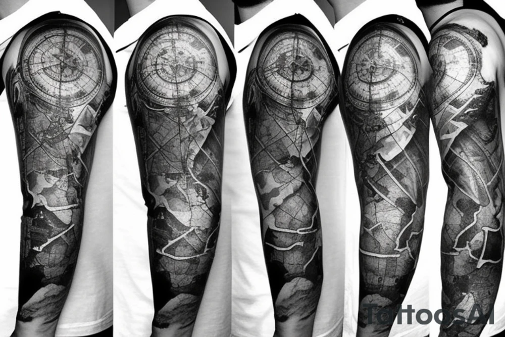 Sleeve with lion broken compass map colosseum tattoo idea Sleeve with lion broken compass map colosseum tattoo idea