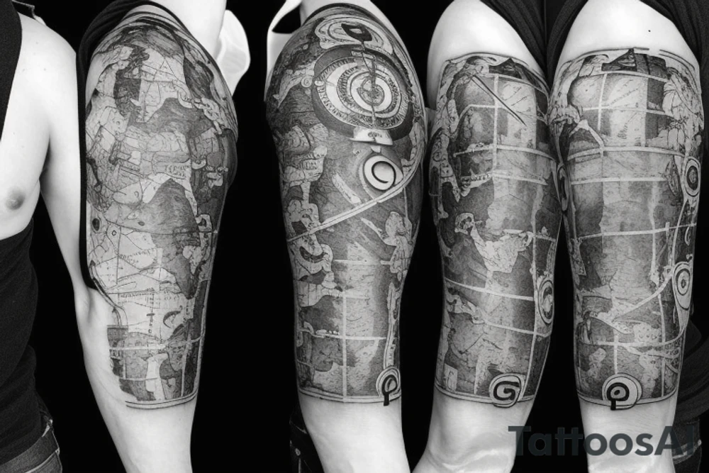 Sleeve with lion broken compass map colosseum tattoo idea Sleeve with lion broken compass map colosseum tattoo idea