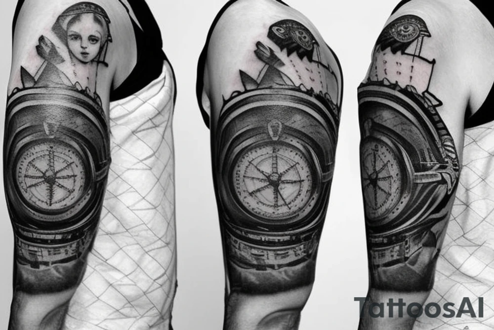 Sleeve with lion broken compass map colosseum tattoo idea