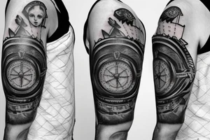 Sleeve with lion broken compass map colosseum tattoo idea