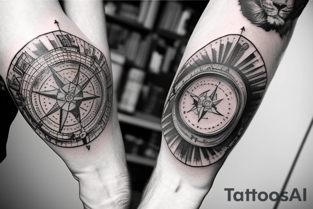 Sleeve with lion broken compass map colosseum tattoo idea