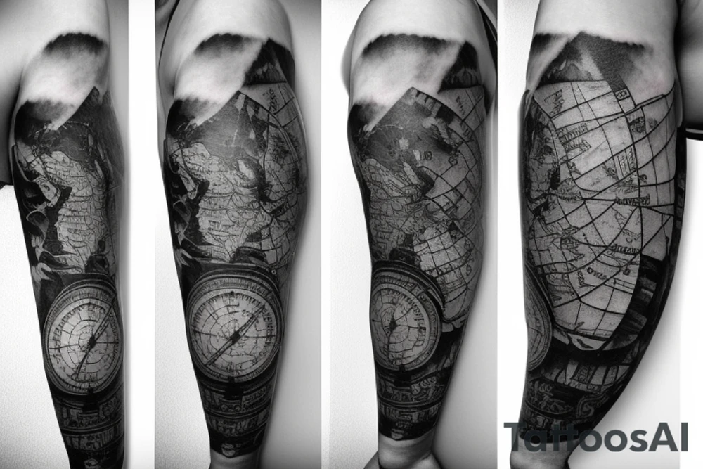 Sleeve with lion broken compass map colosseum tattoo idea