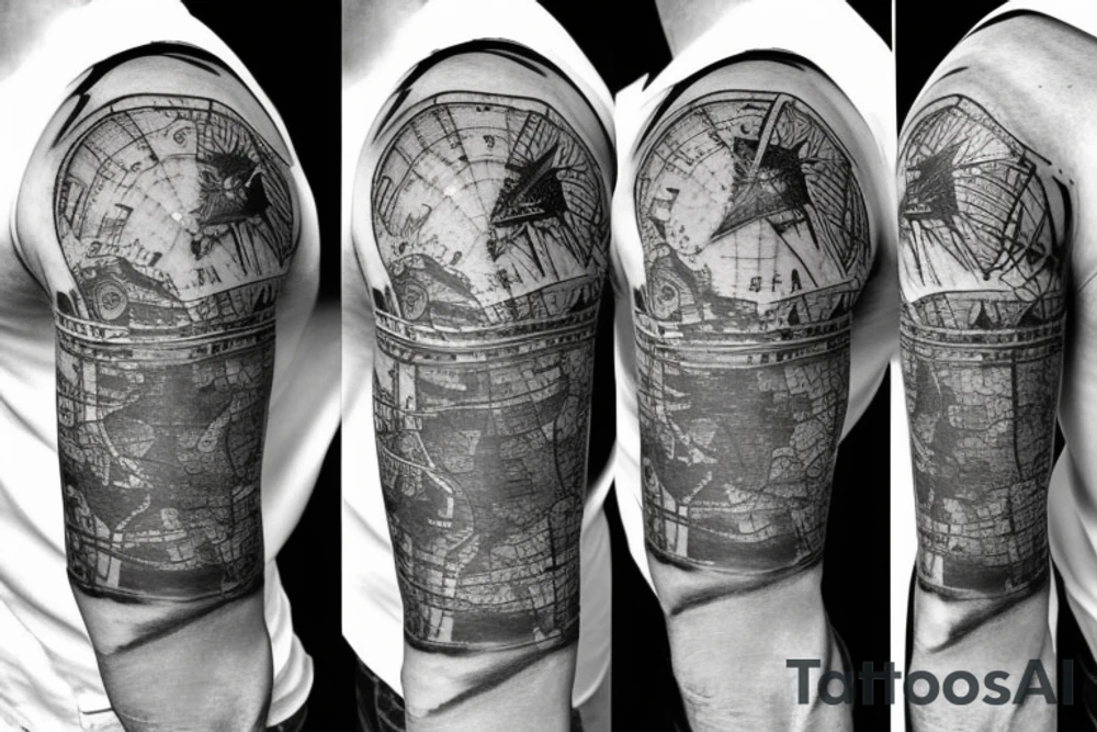 Sleeve with lion broken compass map colosseum tattoo idea