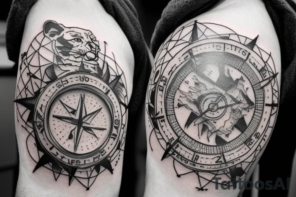 Sleeve with lion on shoulder and broken compass on forearm with spilled ink on map maybe some rope tattoo idea