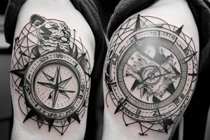 Sleeve with lion on shoulder and broken compass on forearm with spilled ink on map maybe some rope tattoo idea
