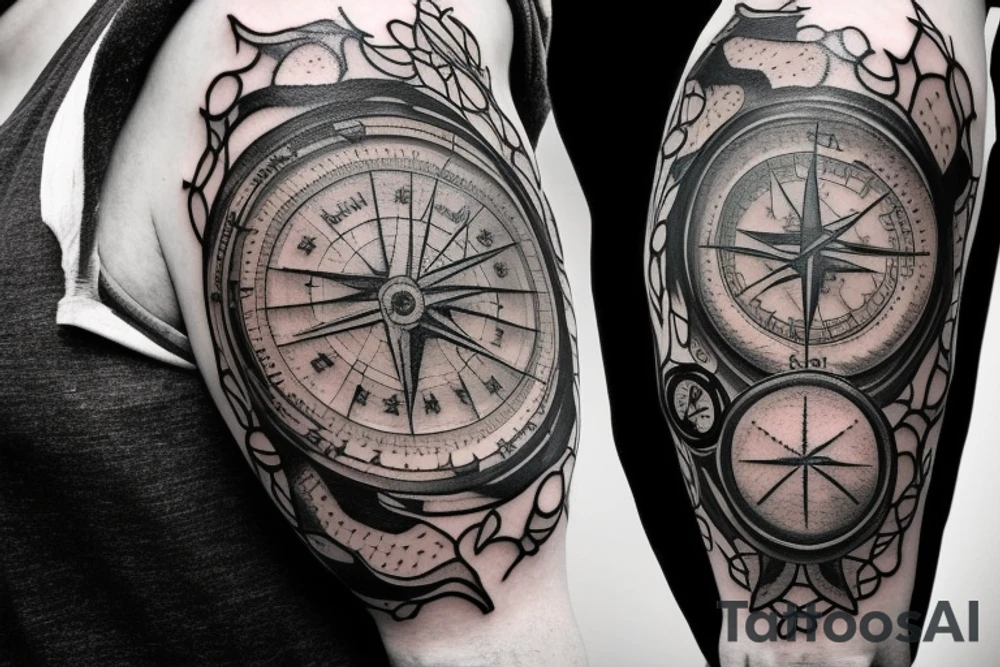 Sleeve with lion on shoulder and broken compass on forearm with spilled ink on map maybe some rope tattoo idea