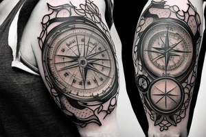 Sleeve with lion on shoulder and broken compass on forearm with spilled ink on map maybe some rope tattoo idea