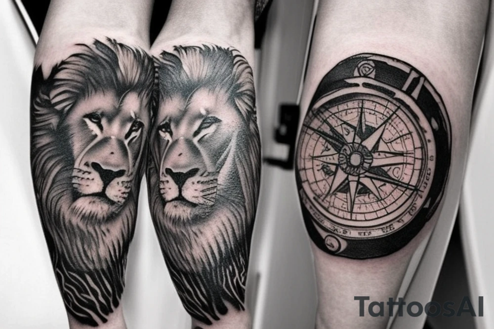 Sleeve with lion on shoulder and broken compass on forearm with spilled ink on map maybe some rope tattoo idea