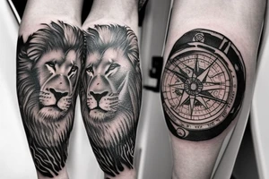 Sleeve with lion on shoulder and broken compass on forearm with spilled ink on map maybe some rope tattoo idea